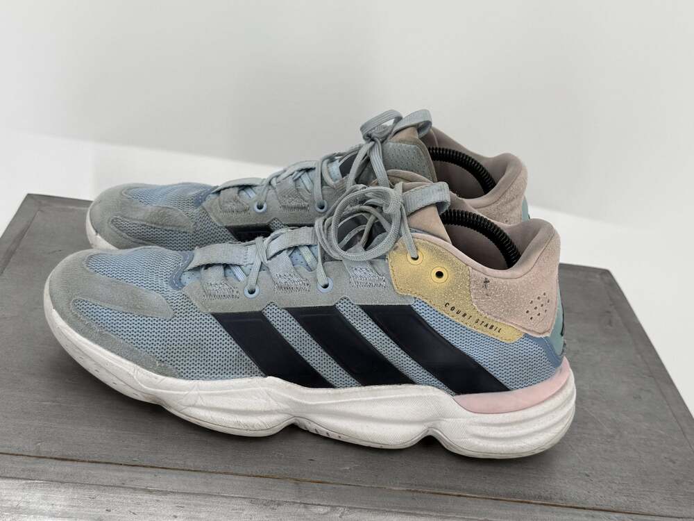 adidas Court Stabil Women's 10.5 Blue Pink Mesh Indoor Volleyball Mid-Top Shoes